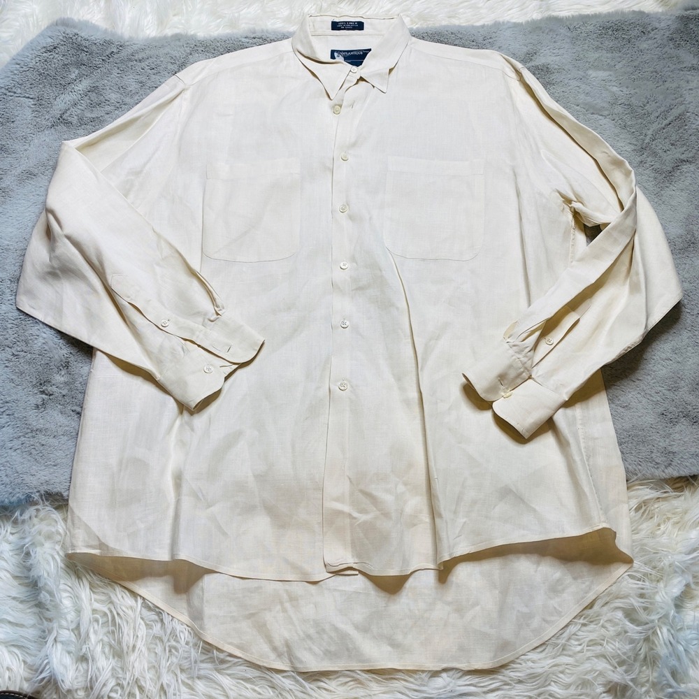 Atlantique Shirt Mens XL Linen Button Up Long Sleeve Pocket Coastal Ivory - Picture 2 of 9